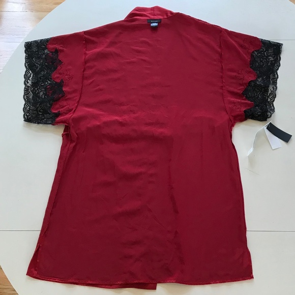 NWT NATORI JOSIE RED & BLACK LACE SEXY SILKY SATIN SHORT KIMONO ROBE - Picture 9 of 11